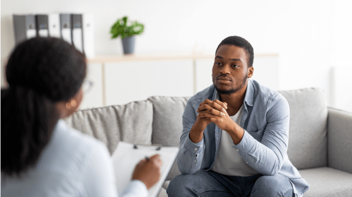 woman man talking woman and man talking in therapyq